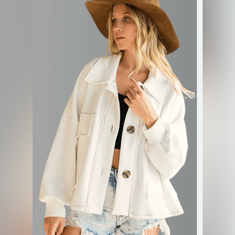 Bucketlist sz S oversized ivory French terry flowy cotton shacket shirt jacket